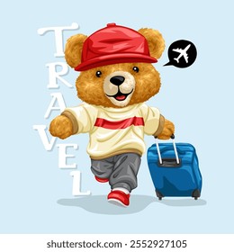 Teddy Bear Traveling with Suitcase and "Travel" Text, vector illustration