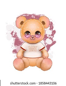 Teddy bear in t-shirt with Baby Bear Slogan. for printing on t-shirt or postcards. Vector illustration