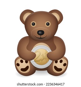 Oso de peluche con dos euros sobre fondo blanco. Ilustración vectorial.