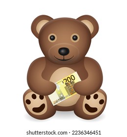 Teddy bear with Two hundred euro banknote on a white background. Vector illustration.