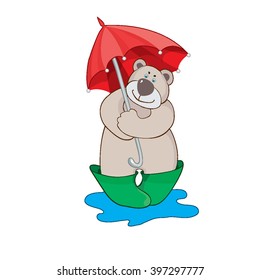Teddy bear with an umbrella, teddy bear in puddle, autumn, vector illustration, wild animal, cartoon bear