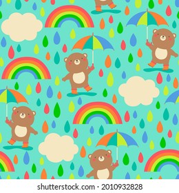 Teddy bear with umbrella, rainbow, cloud seamless pattern with colorful raining background.