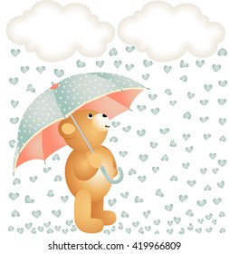 Teddy bear with umbrella under the rain of hearts


