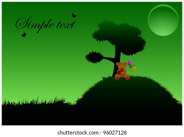 Teddy bear under tree on hill in full moon