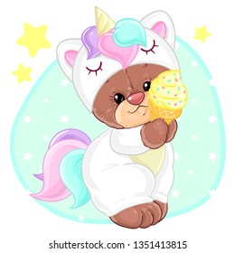 Teddy bear in unicorn costume with ice cream. Cute children's character.