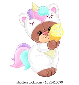 Teddy bear in unicorn costume with ice cream. Cute children's character.