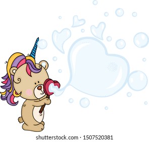Teddy bear with unicorn horn blowing soap bubbles
