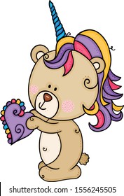 Teddy bear with unicorn horn holding a small heart
