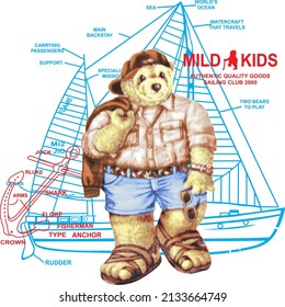 
Teddy Bear in Vacation with Background Ship and Anchor T-Shirt Print Design Vector Illustration 