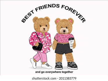 teddy bear vector art design hand drawn best friend forever fashion style sequin teddy bear red heart love yourself self confidence  slogan text and pink hearts design for fashion graphics, t shirt pr