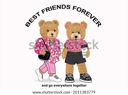 teddy bear vector art design hand drawn best friend forever fashion style sequin teddy bear red heart love yourself self confidence  slogan text and pink hearts design for fashion graphics, t shirt pr [[stock_photo]] © 