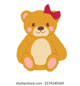 Teddy bear vector cartoon illustration. Valentines Day cute character. Celebration and feeling of love. Kind emotions of plush toys. Sitting bear with a pink bow accessory