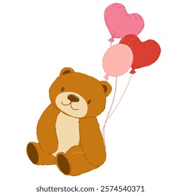 Teddy bear vector cartoon illustration. Valentines Day cute character. Celebration and feeling of love. Kind emotions of plush toys. Sitting bear with heart shape balloons