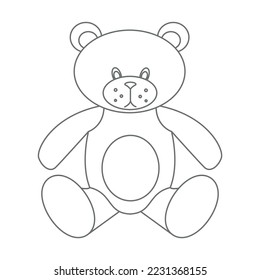 Teddybär. Vektorgrafik von süßem Kinderspielzeug im Rahmenstil. Skizze auf isoliertem Hintergrund in Schwarz-Weiß-Farben. Skizze des Gegenstands für Babyspiel. Gravur.