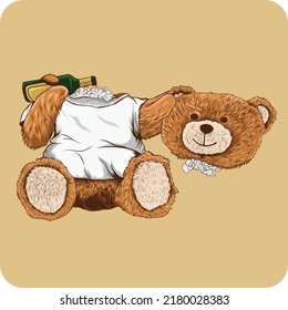 teddy bear vector illustration design holding wine bottle with head loose