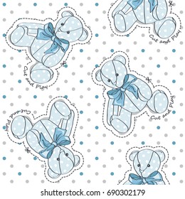 Teddy Bear. Vector illustration of seamless baby pattern. Polka dot background.