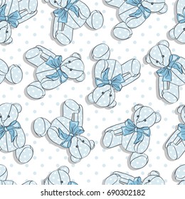 Teddy Bear. Vector illustration of seamless baby pattern. Polka dot background.