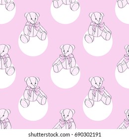 Teddy Bear. Vector illustration of seamless baby pattern. Polka dot background.