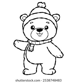 Teddy bear vector outline,animal in winter season.