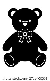 Icono de la silueta del Vector del oso de peluche. Oso de juguete negro con pajarita. Carácter animal lindo.