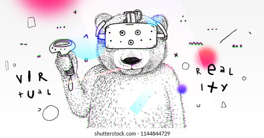 Oso de peluche con gafas de realidad virtual arte dibujado a mano. Ilustración vectorial Eps10