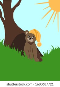 Teddy bear wakes up from hibernation and crawled out of the den. Little teddy bear in a night cap in spring. Bear sits, smiles and basks in the sun. Vector illustration