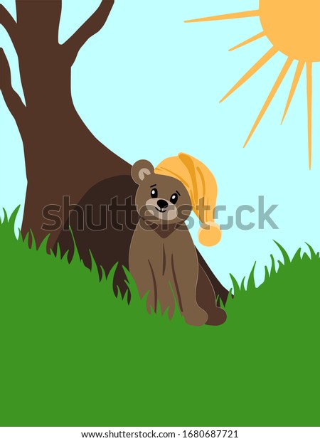 テディベアは冬眠から目を覚まし 穴から這い出て行った 春の夜帽子に小さなテディベア 熊は日向に座り ほほ笑み バスクをする ベクターイラスト のベクター画像素材 ロイヤリティフリー