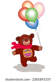 Un oso de peluche caminando con un montón de globos multicolores. Ilustración vectorial aislada con fondo.