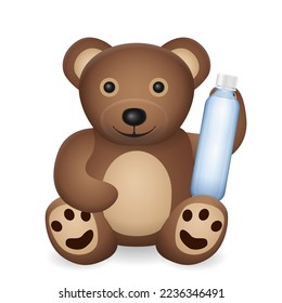Oso de peluche con botella de agua sobre fondo blanco. Ilustración vectorial.
