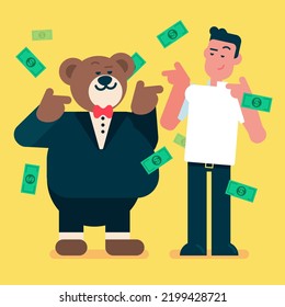 Teddy Bear Wear Black Suit Celebrate With Normal Guy, Money Falling From Sky, Businessman Bear Happy With High Profits, Brown Bear Flat Avatar Vector Illustration.