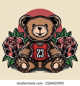 Teddy Bear Wearing Chicago Bulls Jersey And Roses Background Illustration