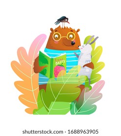 Teddy Bear wearing glasses and Rabbit friends reading book in nature with colorful forest background cartoon. Amusing and cute studying animals characters vector design.