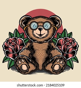 teddy bear wearing glasses and roses background illustration