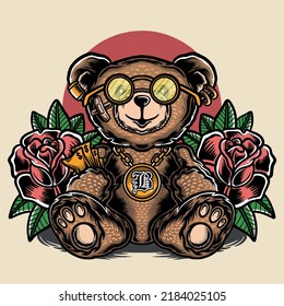 teddy bear wearing golden attribute and roses background illustration
