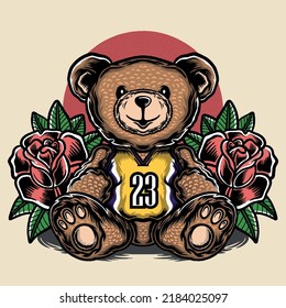 Teddy Bear Wearing Lakers Jersey And Roses Background Illustration