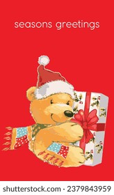 Teddy bear wearing Santa hat and holding gift box on red background, with text Seasons Greetings