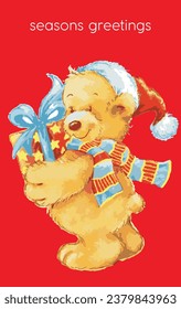 Teddy bear wearing Santa hat and holding gift box on red background, with text Seasons Greetings