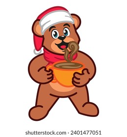 a teddy bear wearing a santa hat and scarf holding a mug of hot chocolate