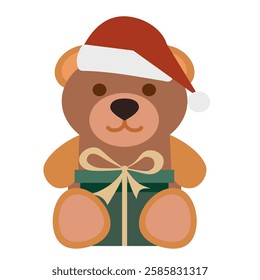 Teddy bear wearing Santa hat with Christmas gift box