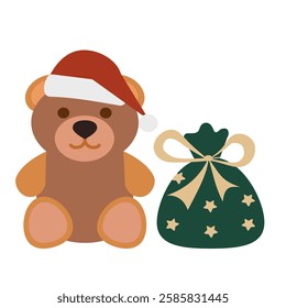 Teddy bear wearing Santa hat with Christmas gift sack