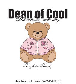Un oso de peluche con una chaqueta universitaria, diseñado para impresión de moda y póster