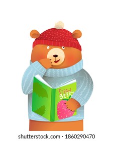 Teddy Bear wearing winter knitted hat and sweater reading book, kids character design. Cute and friendly animal for children in vector.