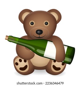 Oso de peluche con botella de vino sobre fondo blanco. Ilustración vectorial.