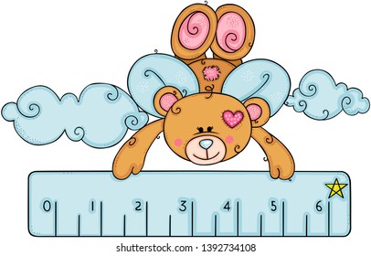 Teddy bear with wings flying holding a blue little ruler