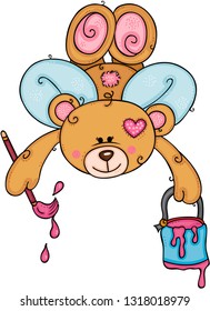 Teddy bear with wings holding paint can and brush