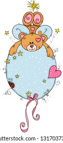 Teddy bear with wings on round blue label with ribbon bow
