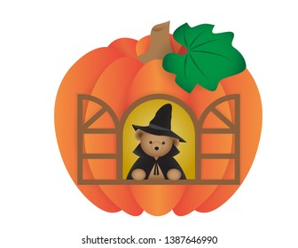 Teddy bear witch in pumpkin house isolated on white background, Halloween concept vector illustration