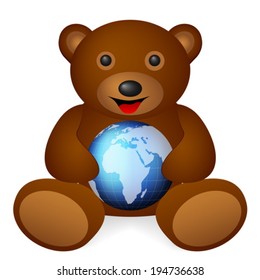 Teddy bear world globe on a white background. Vector illustration.