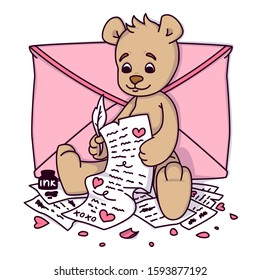 Teddy bear writes a love letter. Valentine's day greeting card with hearts and envelope. Print for kids invitations, greetings postcard. Vector illustration isolated on white background.