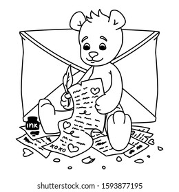 Teddy bear writes a love letter. Valentine's day greeting card with hearts and envelope. Print for kids coloring book. Vector outline illustration isolated on white background.